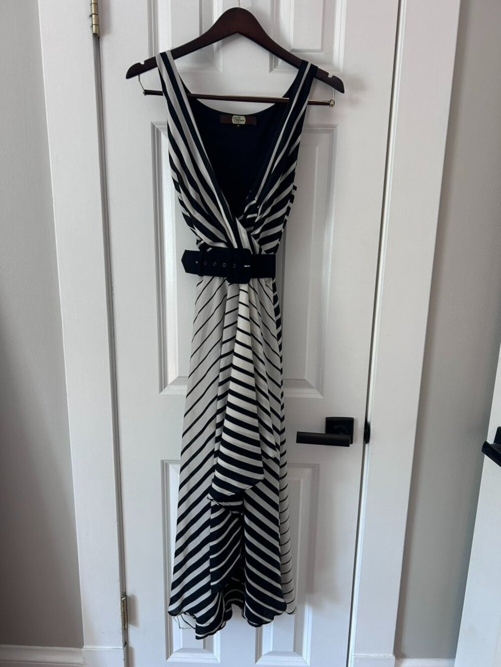 Eva Franco Anthropologie Black White Stripe High Low Maxi Dress w/ Belt 6